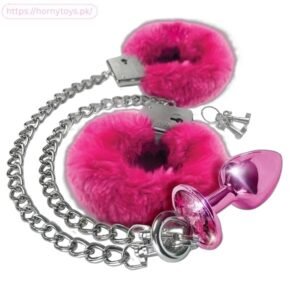 Nixie Metal Butt Plug Soft Furry Cuff Medium Pink Metallic